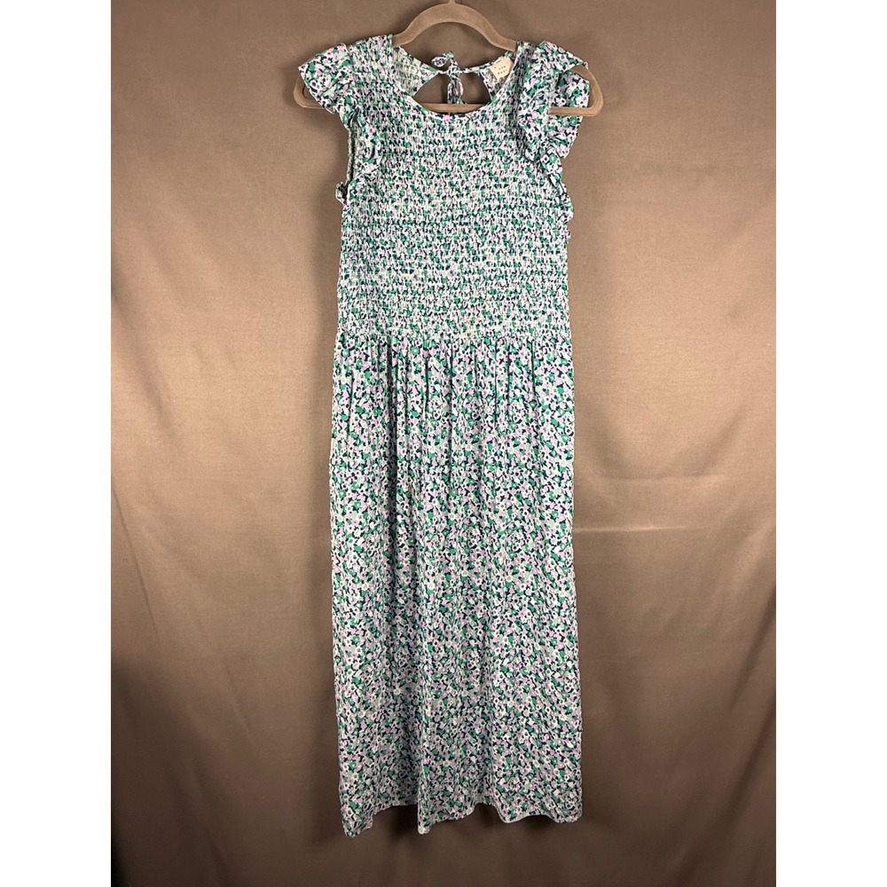 A New Day Midi Dress Womens Medium Purple Green Floral Smocked Flutter Sleeve